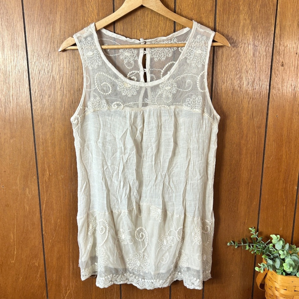 Sheer Embroidered Lace Tank‎ Top Cream Boho Festival Sleeveless Tunic